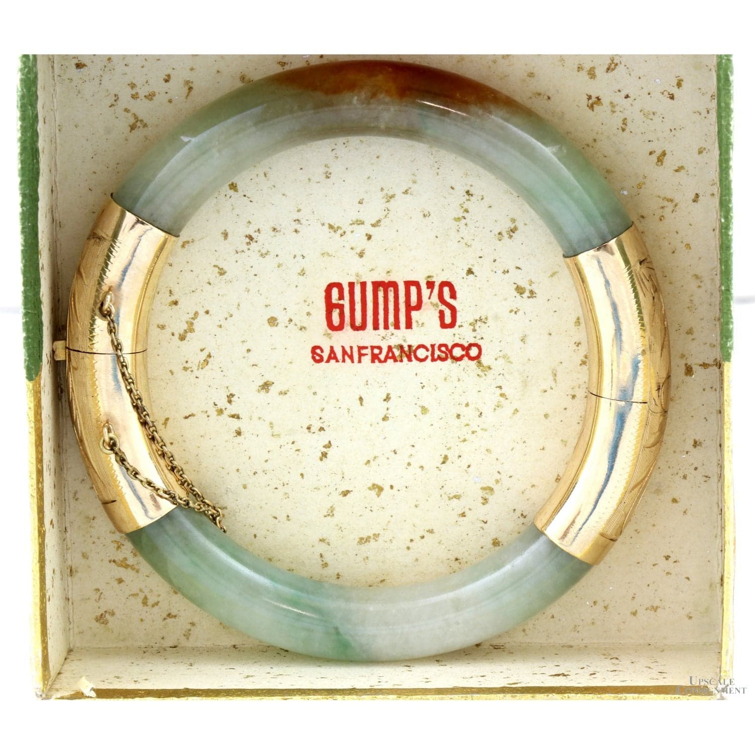 Gump's Jadeite Hinged Bangle Engraved 14K Gold c. 1970-1980 - 59mm (ID) x 11mm (w) - Thumbnail 2