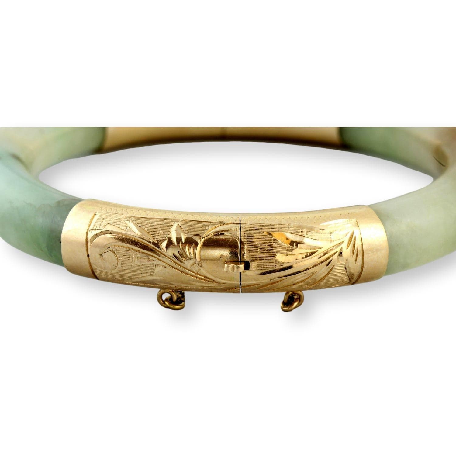 Gump's Jadeite Hinged Bangle Engraved 14K Gold c. 1970-1980 - 59mm (ID) x 11mm (w) - Thumbnail 4