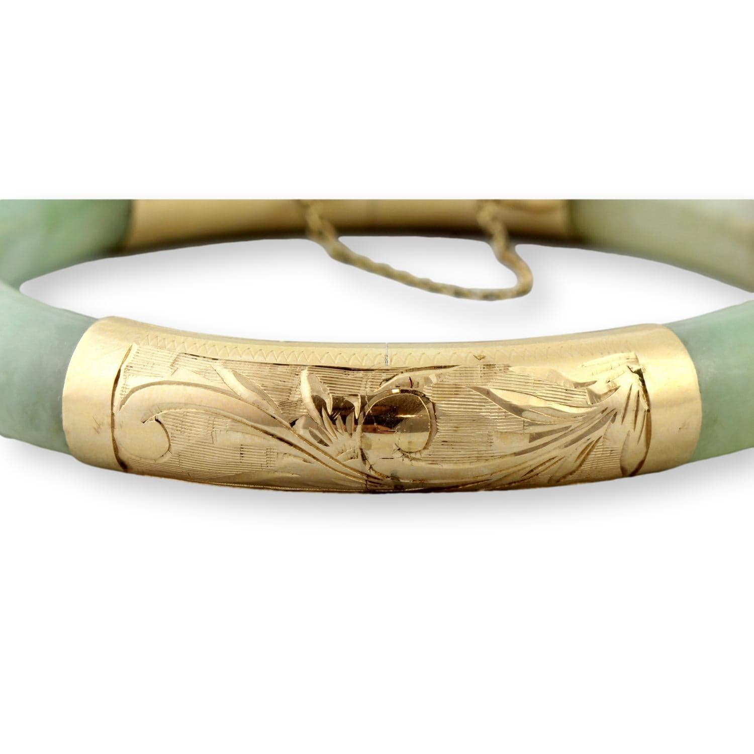 Gump's Jadeite Hinged Bangle Engraved 14K Gold c. 1970-1980 - 59mm (ID) x 11mm (w) - Thumbnail 5