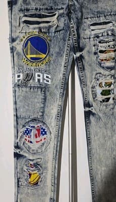 HERITAGE AMERICA UNK NBA DISTRESSED JEANS Multi-Patch 34/34 HEAT BULLS WARRIORS - Thumbnail 2