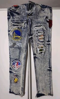 HERITAGE AMERICA UNK NBA DISTRESSED JEANS Multi-Patch 34/34 HEAT BULLS WARRIORS - Image 1