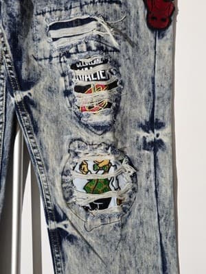 HERITAGE AMERICA UNK NBA DISTRESSED JEANS Multi-Patch 34/34 HEAT BULLS WARRIORS - Thumbnail 3