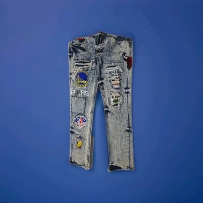 HERITAGE AMERICA UNK NBA DISTRESSED JEANS Multi-Patch 34/34 HEAT BULLS WARRIORS - Thumbnail 7