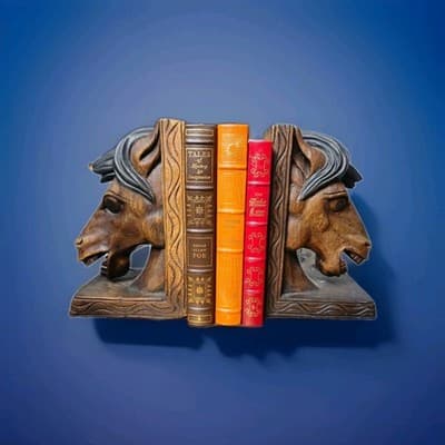 Hand Carved Wooden Horse Head Book Ends (Books Not Included) - Image 1