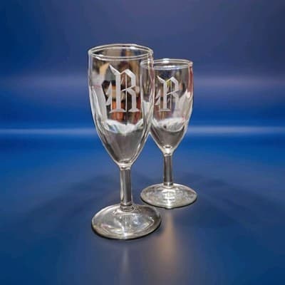 Set of 2 Champagne Flutes Etched Old English Letter R Toasting Glasses