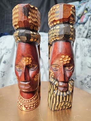 Vintage Jamaican Hand Carved Solid Wood Man Woman Face Tiki Art Statue Sculpture