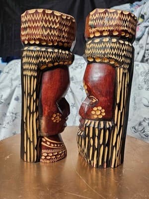 Vintage Jamaican Hand Carved Solid Wood Man Woman Face Tiki Art Statue Sculpture - Thumbnail 2