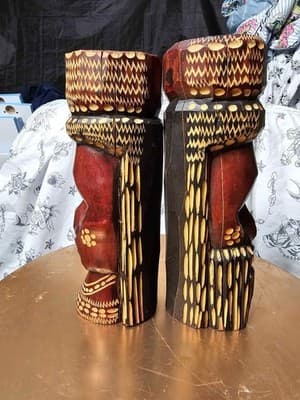 Vintage Jamaican Hand Carved Solid Wood Man Woman Face Tiki Art Statue Sculpture - Thumbnail 4