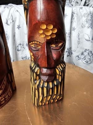 Vintage Jamaican Hand Carved Solid Wood Man Woman Face Tiki Art Statue Sculpture - Thumbnail 6
