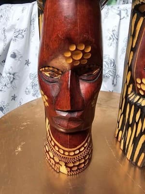 Vintage Jamaican Hand Carved Solid Wood Man Woman Face Tiki Art Statue Sculpture - Thumbnail 7