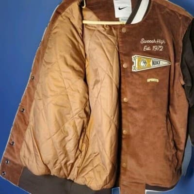 Nike Swoosh High Est 1972 Varsity Bomber Jacket Brown Corduroy Mens Small - Thumbnail 6