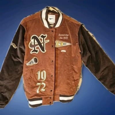 Nike Swoosh High Est 1972 Varsity Bomber Jacket Brown Corduroy Mens Small