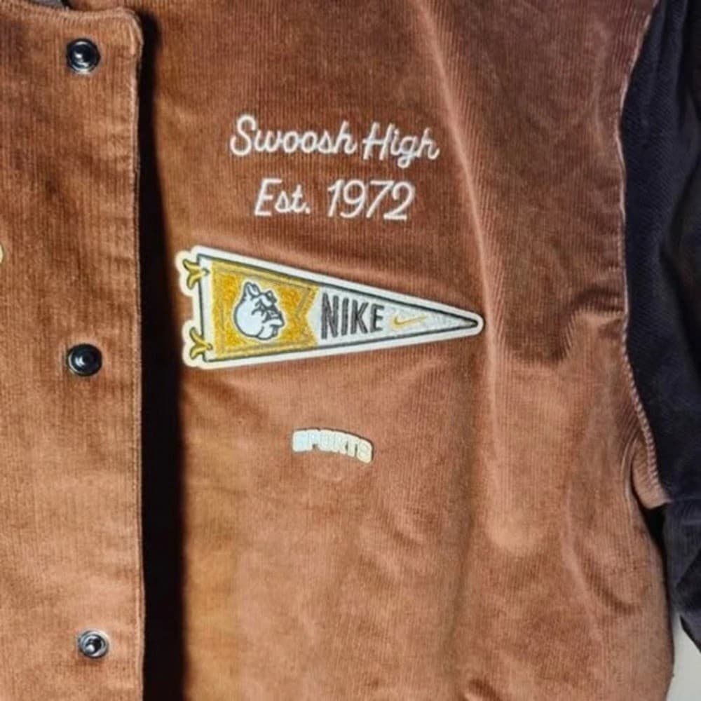 Nike Swoosh High Est 1972 Varsity Bomber Jacket Brown Corduroy Mens Small - Thumbnail 3