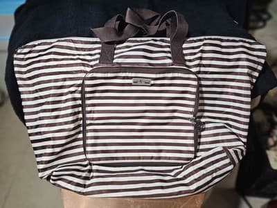 Henri Bendel Zip Around Packable Brown White Stripe Lightweight Handled Tote...