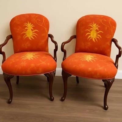 1950s Georgian Style Mahogany Armchair w/ Pineapple Motif Upholstery, 2 for sale - Image 1