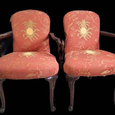 1950s Georgian Style Mahogany Armchair w/ Pineapple Motif Upholstery, 2 for sale - Thumbnail 5