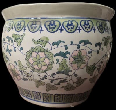 Ornate Porcelain Chinese Fish Bowl Planter Painted Floral Greek Key Design - Image 1
