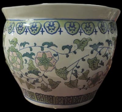 Ornate Porcelain Chinese Fish Bowl Planter Painted Floral Greek Key Design - Thumbnail 2