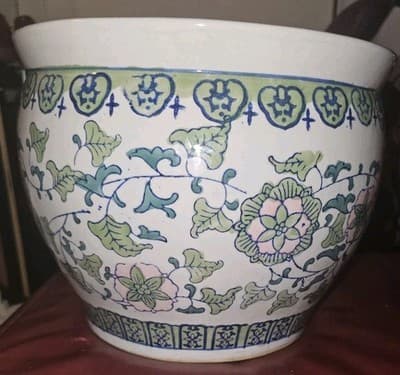 Ornate Porcelain Chinese Fish Bowl Planter Painted Floral Greek Key Design - Thumbnail 3
