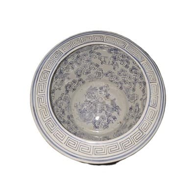 Ornate Porcelain Chinese Fish Bowl Planter Painted Floral Greek Key Design - Thumbnail 4