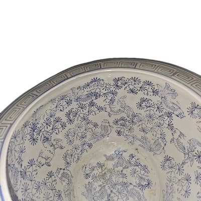 Ornate Porcelain Chinese Fish Bowl Planter Painted Floral Greek Key Design - Thumbnail 5