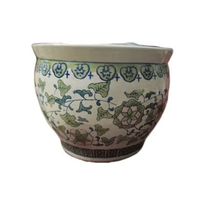 Ornate Porcelain Chinese Fish Bowl Planter Painted Floral Greek Key Design - Thumbnail 7