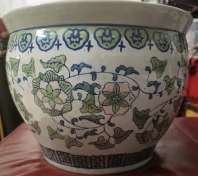 Ornate Porcelain Chinese Fish Bowl Planter Painted Floral Greek Key Design - Thumbnail 8