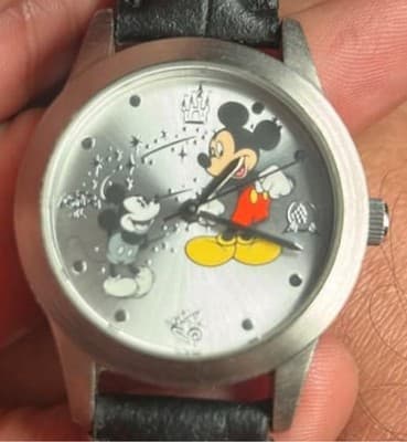Disney "Mickey Mouse Through Years" Quartz Watch Black Leather Band New Battery - Thumbnail 2