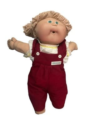 Cabbage Patch Kids Doll Blonde Hair Green Eyes Red Corduroy Overalls - Image 1