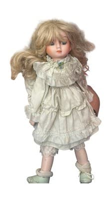 Porcelain Doll Blonde Hair Blue Eyes White Lace Tiered Dress Plays Music Wind-up - Image 1