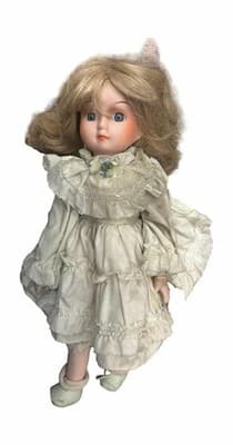 Porcelain Doll Blonde Hair Blue Eyes White Lace Tiered Dress Plays Music Wind-up - Thumbnail 5