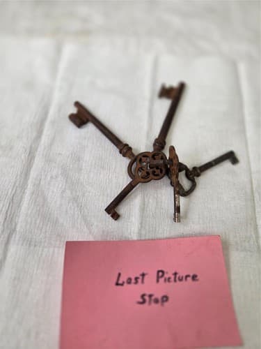 Lot of 5 Vintage mixed size Brass Skeleton Keys on Ring - Thumbnail 7