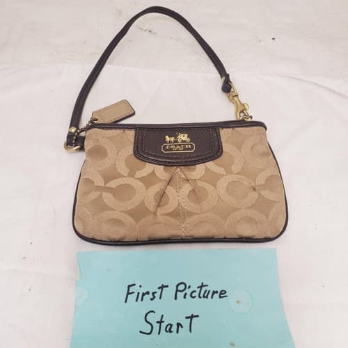 Vintage COACH Wristlet Khaki Brown Purse Leather Trim - Coach ID tag - Image 1