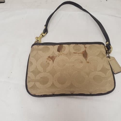 Vintage COACH Wristlet Khaki Brown Purse Leather Trim - Coach ID tag - Thumbnail 3