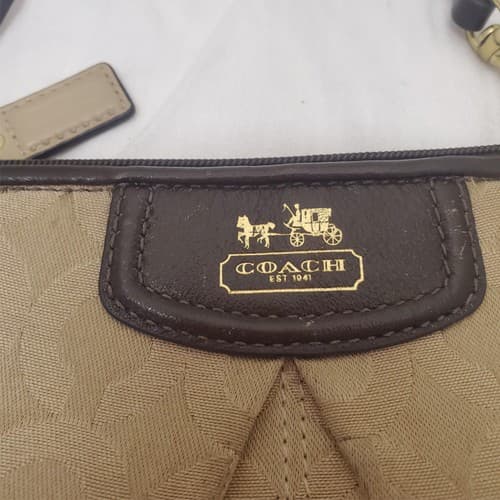 Vintage COACH Wristlet Khaki Brown Purse Leather Trim - Coach ID tag - Thumbnail 4