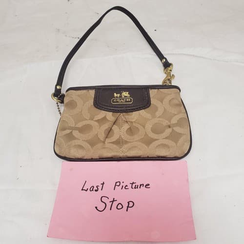 Vintage COACH Wristlet Khaki Brown Purse Leather Trim - Coach ID tag - Thumbnail 6