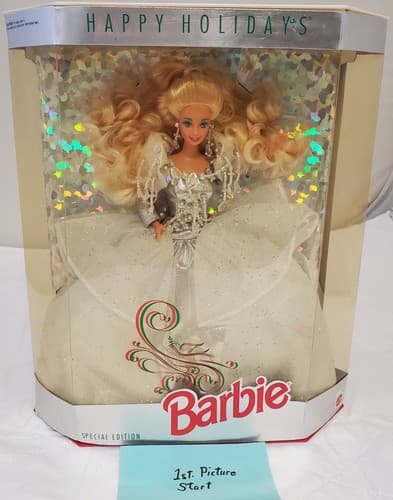1992 Barbie Happy Holidays Special Edition Blonde Silver White Gown - Image 1
