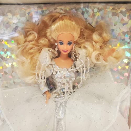 1992 Barbie Happy Holidays Special Edition Blonde Silver White Gown - Thumbnail 3