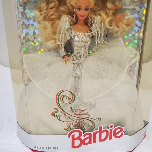 1992 Barbie Happy Holidays Special Edition Blonde Silver White Gown - Thumbnail 4