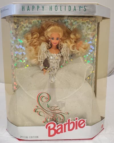 1992 Barbie Happy Holidays Special Edition Blonde Silver White Gown - Thumbnail 2
