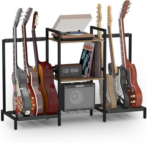 4-Tier Guitar Stand with Shelf for Acoustic, Electric, Bass Guitar - Rustic Brow - Image 1