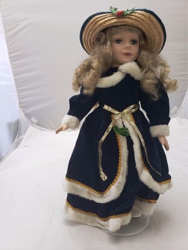 Vintage Original Christmas Porcelain Girl Fashion Doll Blue/White Dress - Image 1