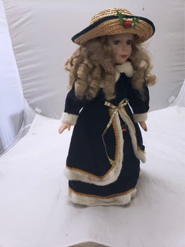 Vintage Original Christmas Porcelain Girl Fashion Doll Blue/White Dress - Thumbnail 3