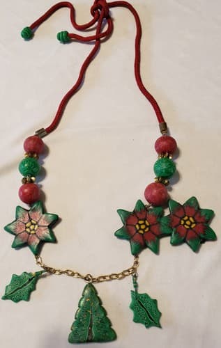 Vintage Handmade Polymer Clay Millefiori Christmas Design Tree Necklace - Image 1