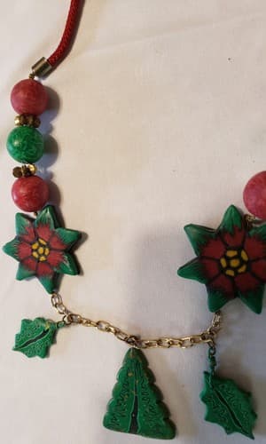 Vintage Handmade Polymer Clay Millefiori Christmas Design Tree Necklace - Thumbnail 2