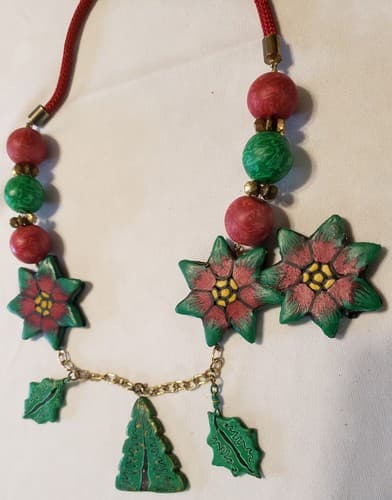 Vintage Handmade Polymer Clay Millefiori Christmas Design Tree Necklace - Thumbnail 4