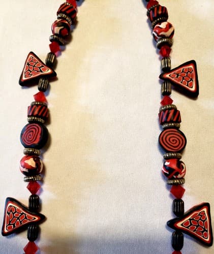 Used Handmade Polymer Clay Millefiori Red Triangle Design Necklace - Thumbnail 2
