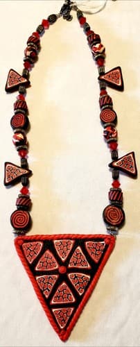 Used Handmade Polymer Clay Millefiori Red Triangle Design Necklace - Thumbnail 4