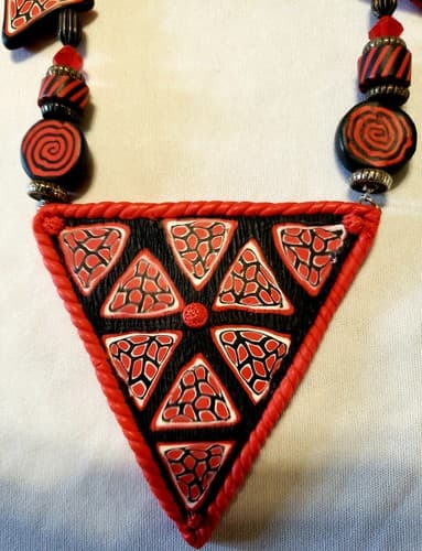 Used Handmade Polymer Clay Millefiori Red Triangle Design Necklace - Thumbnail 3