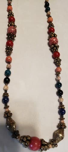 Genuine Ladies Handmade Silver Tone and Red Chips Beaded Necklace - Image 1